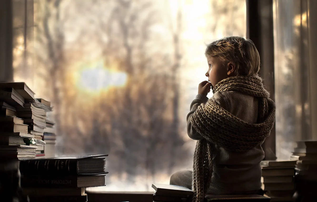 Photo wallpaper mood, window, book, Malchik