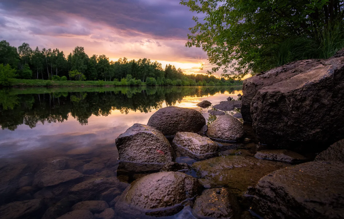 Photo wallpaper summer, landscape, sunset, nature, stones, shore, channel, Dubna