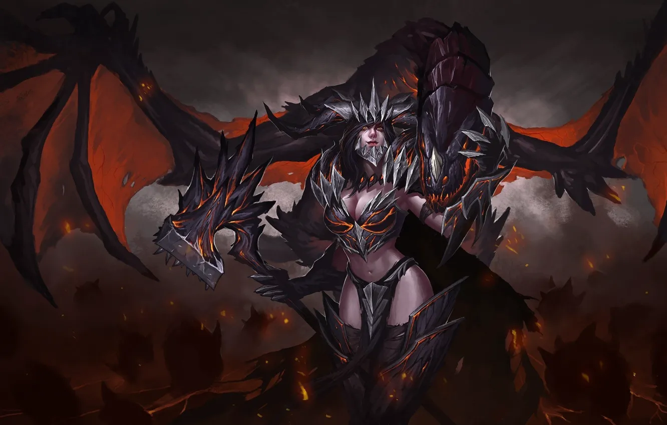 Photo wallpaper look, fiction, dragon, wings, art, demoness