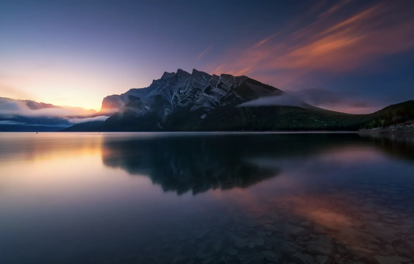 Photo wallpaper light, reflection, mountains, lake