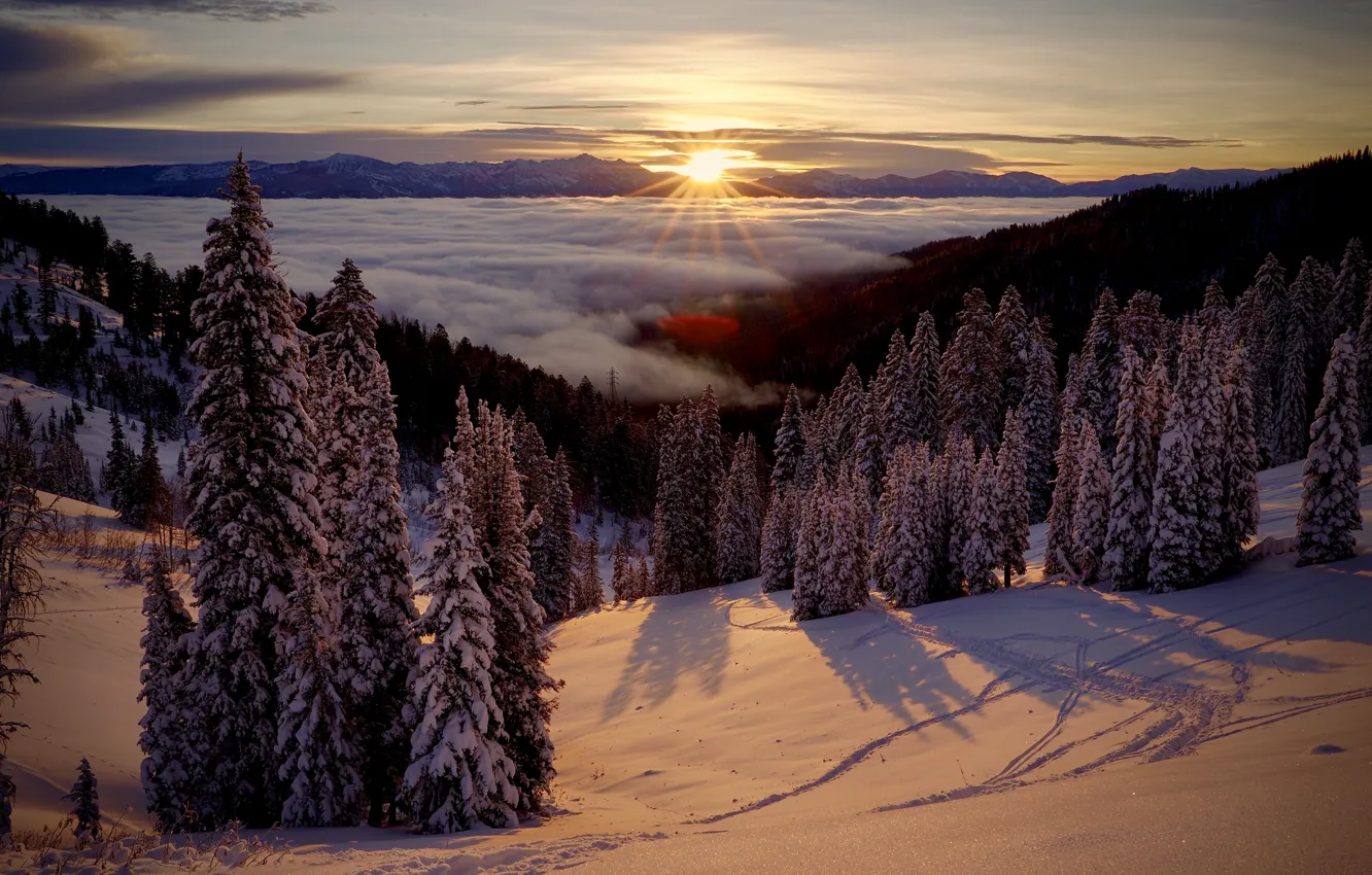 Photo wallpaper snow, sunset, mountains