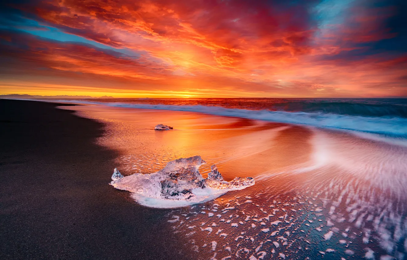 Photo wallpaper Sky, Fire, Beach, Sun, Water, Sunset, Iceland, Ice