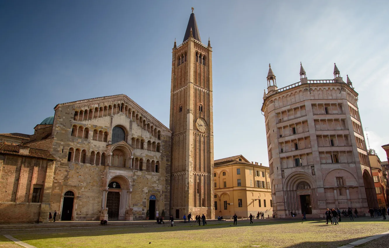 Photo wallpaper Italy, Cathedral, the bell tower, Parma, the baptistery