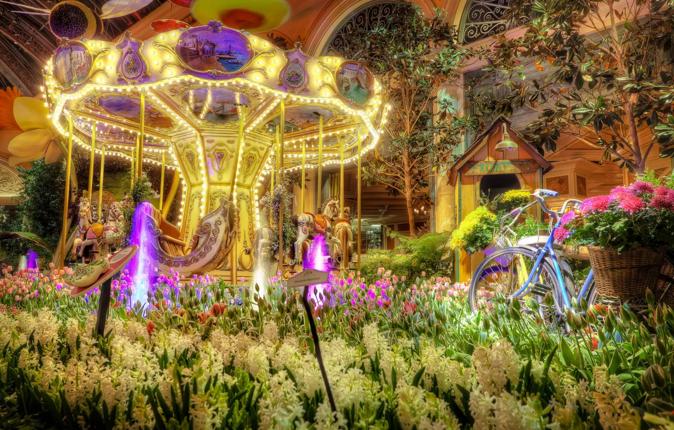Photo wallpaper flowers, bike, Las Vegas, tulips, carousel, the hotel, Las Vegas, hotel