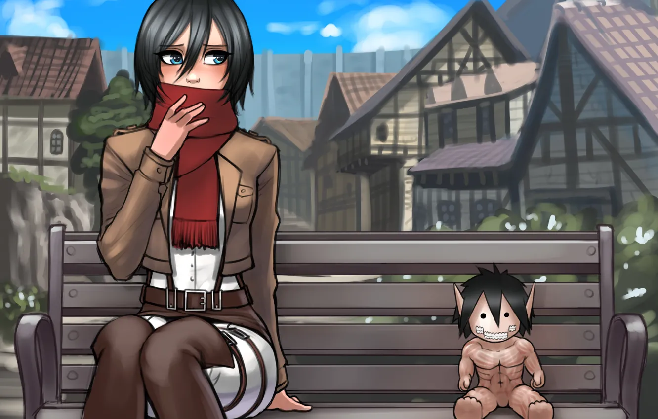 Photo wallpaper look, girl, the city, toy, scarf, art, Titan, mikasa ackerman