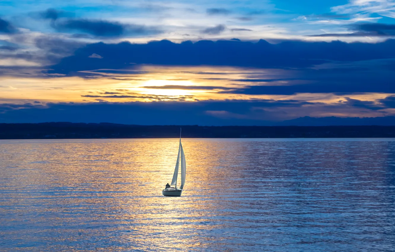 Photo wallpaper sea, water, sunset, the ocean, sail
