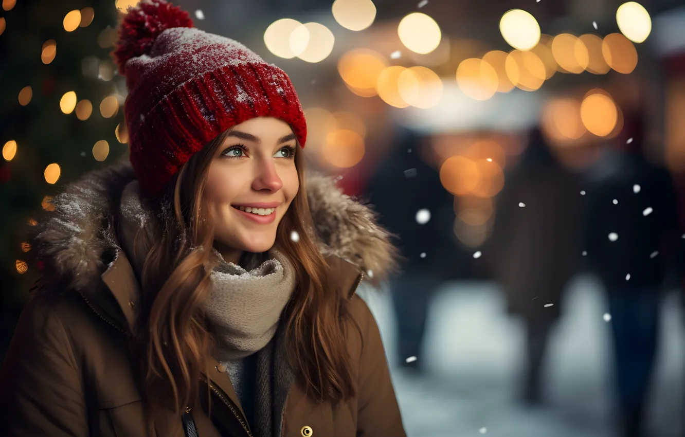 Photo wallpaper girl, joy, face, smile, emotions, holiday, new year, portrait