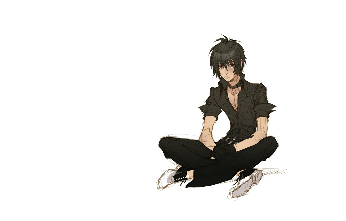 Photo wallpaper shoes, white background, gloves, guy, sitting, shaggy, black shirt, chalker