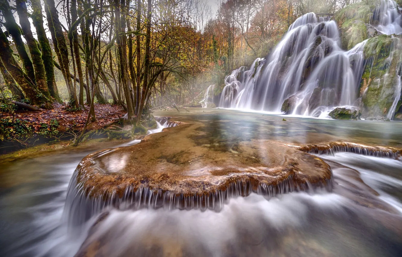 Photo wallpaper autumn, trees, nature, river, waterfall