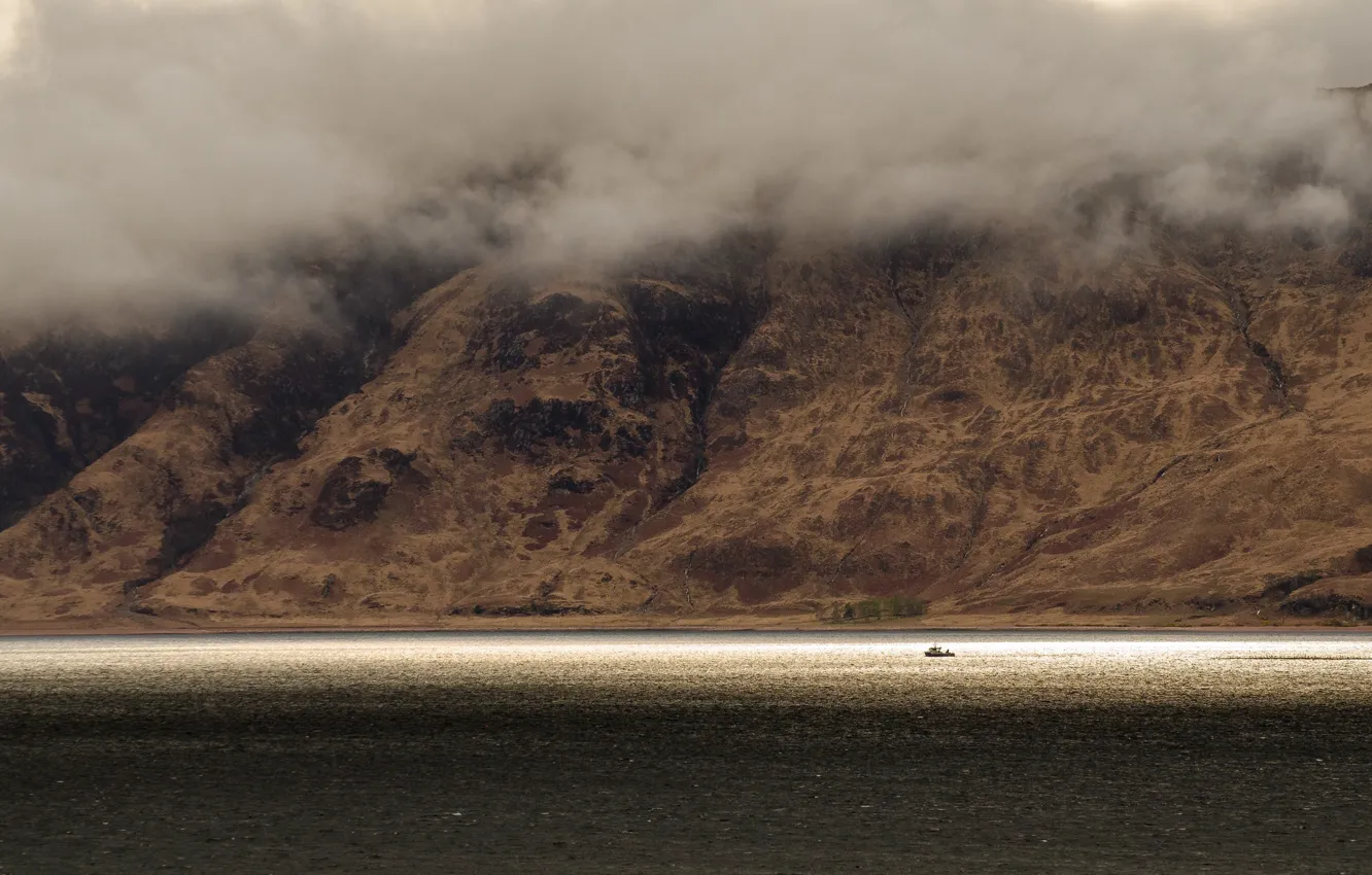 Photo wallpaper sea, clouds, mountains, boat, sea, clouds, mountain, boat