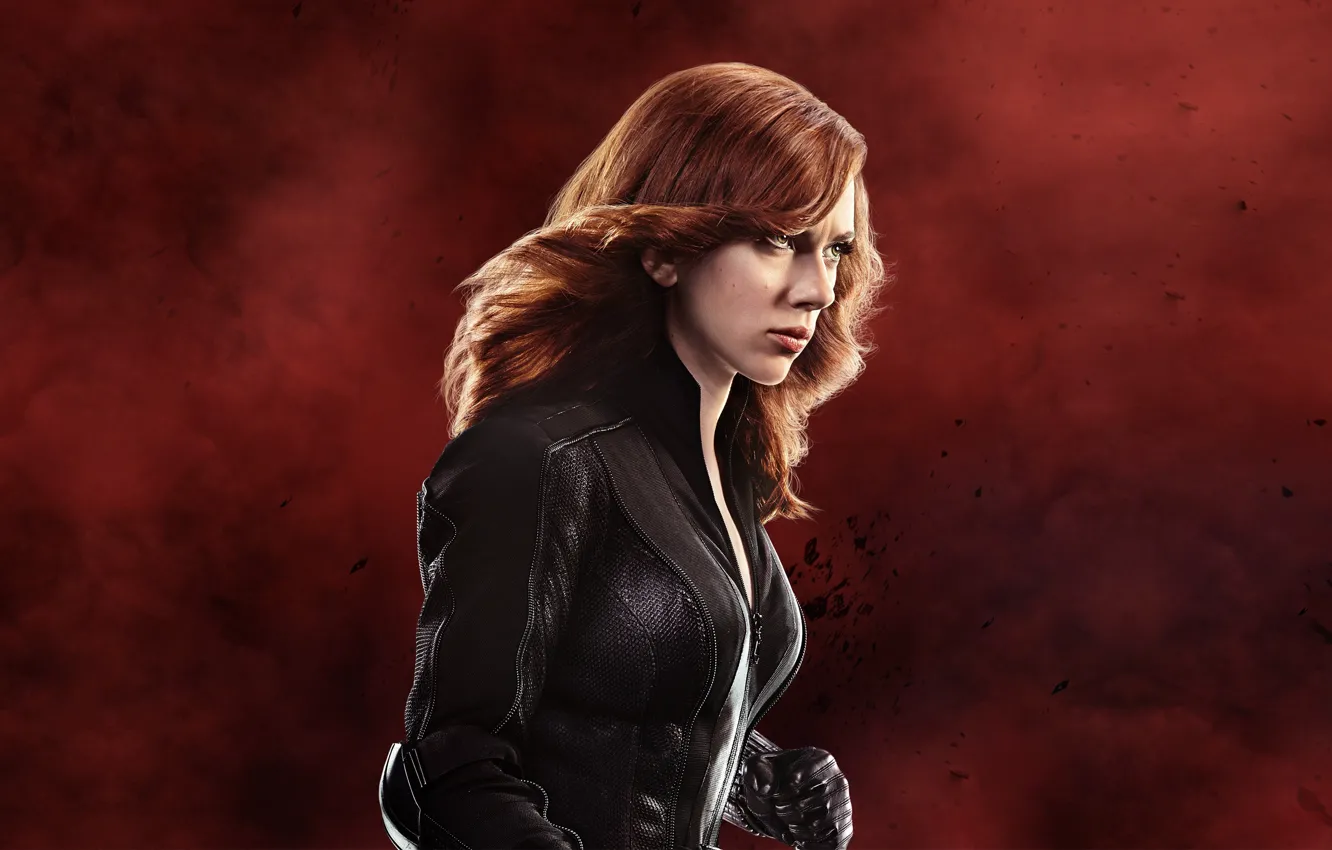 Photo wallpaper background, fiction, Scarlett Johansson, jacket, hairstyle, gloves, red, Scarlett Johansson