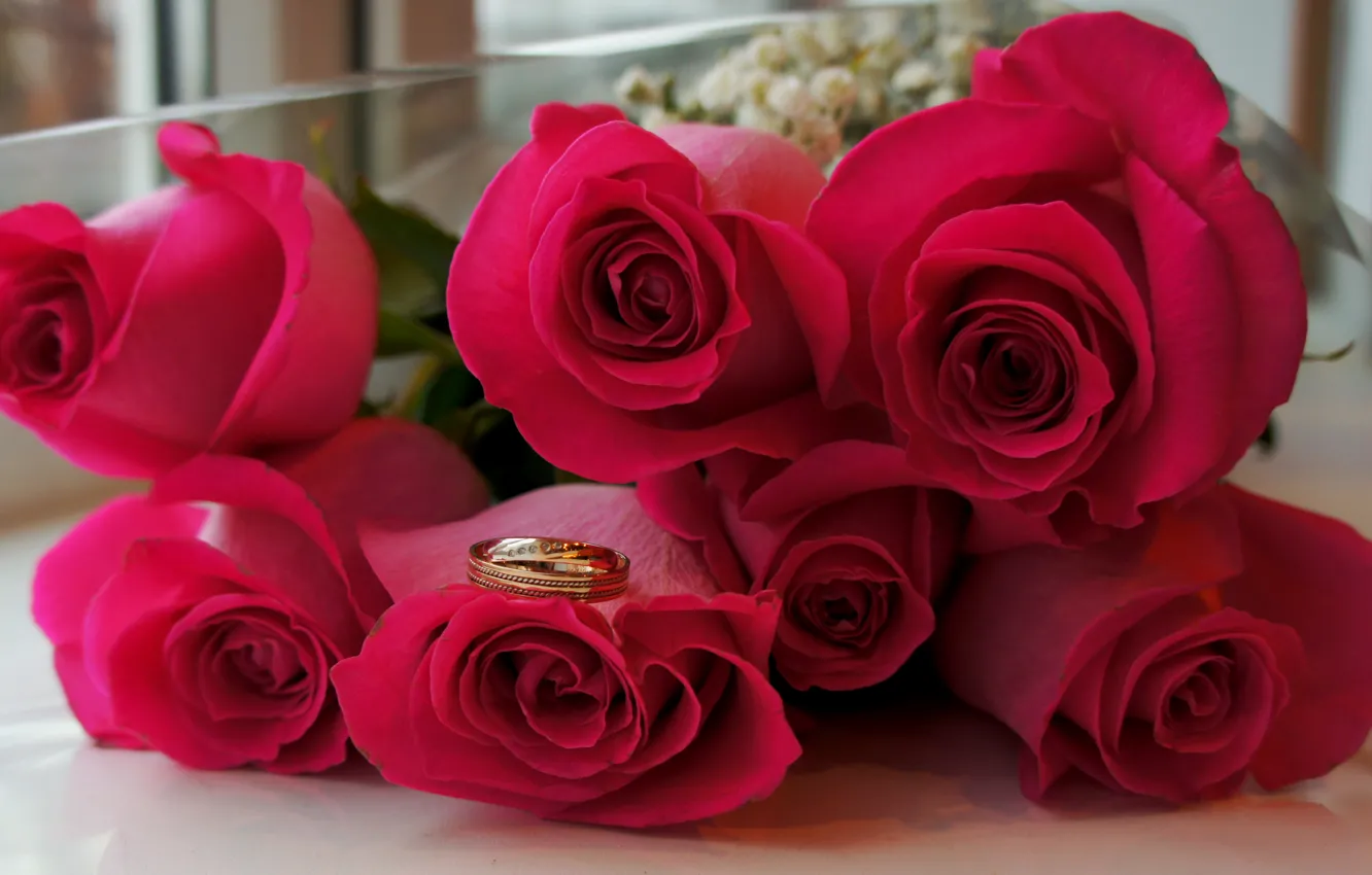 Photo wallpaper flowers, roses, bouquet, ring, wedding