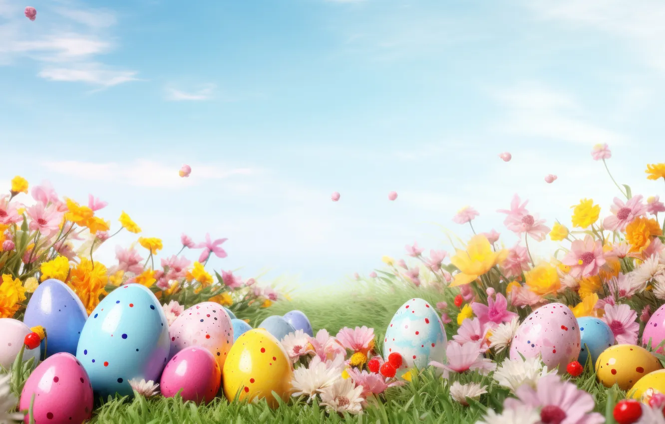 Photo wallpaper flowers, eggs, spring, colorful, Easter, flowers, spring, Easter