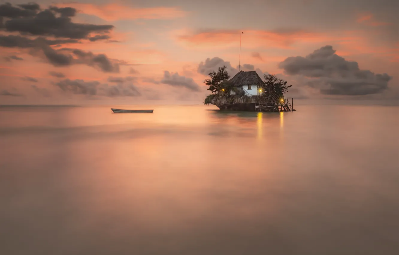 Photo wallpaper landscape, nature, the ocean, dawn, boat, home, morning, Zanzibar