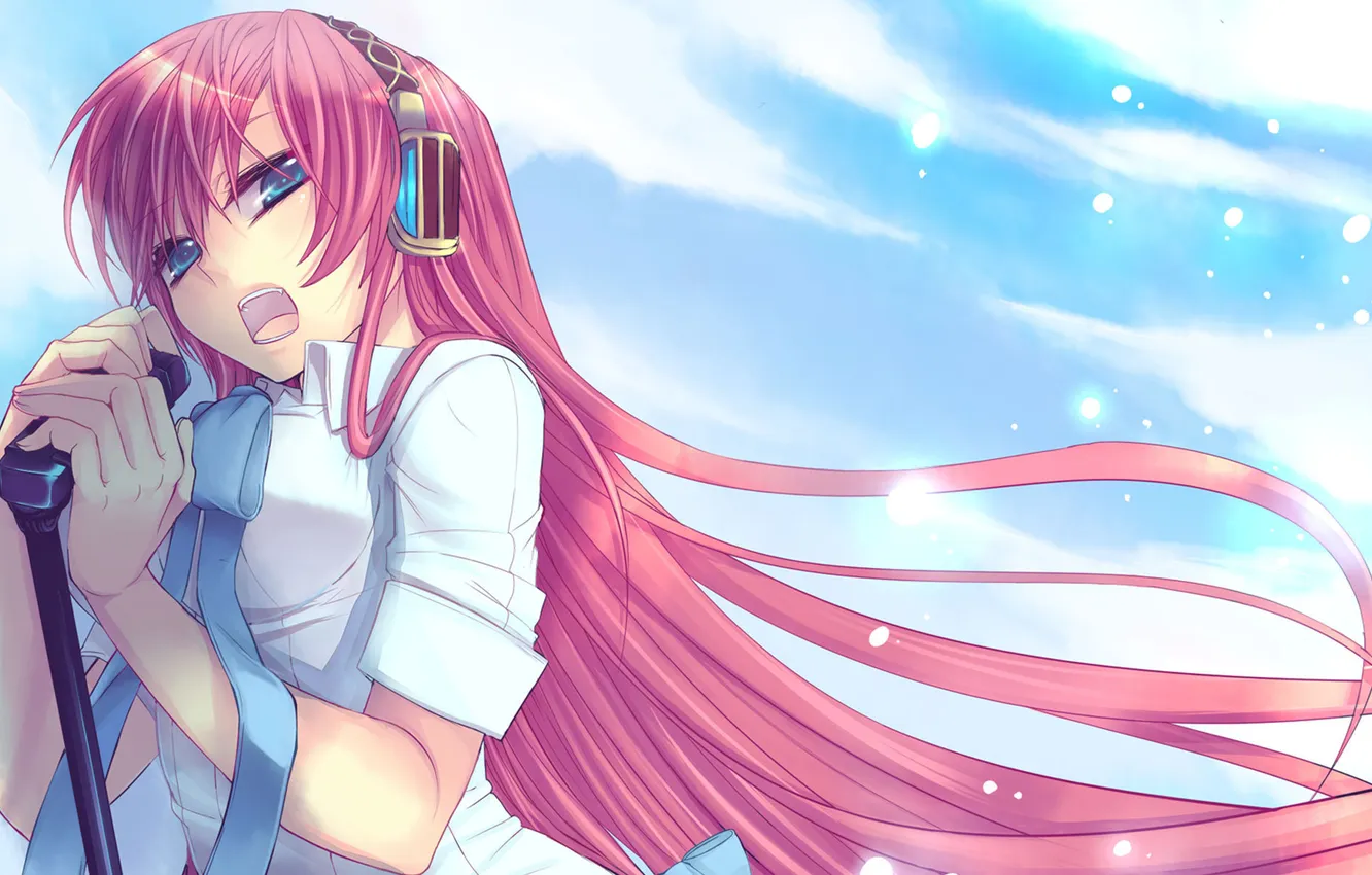 Photo wallpaper look, girl, headphones, microphone, vocaloid, megurine luka, school uniform, Vocaloid