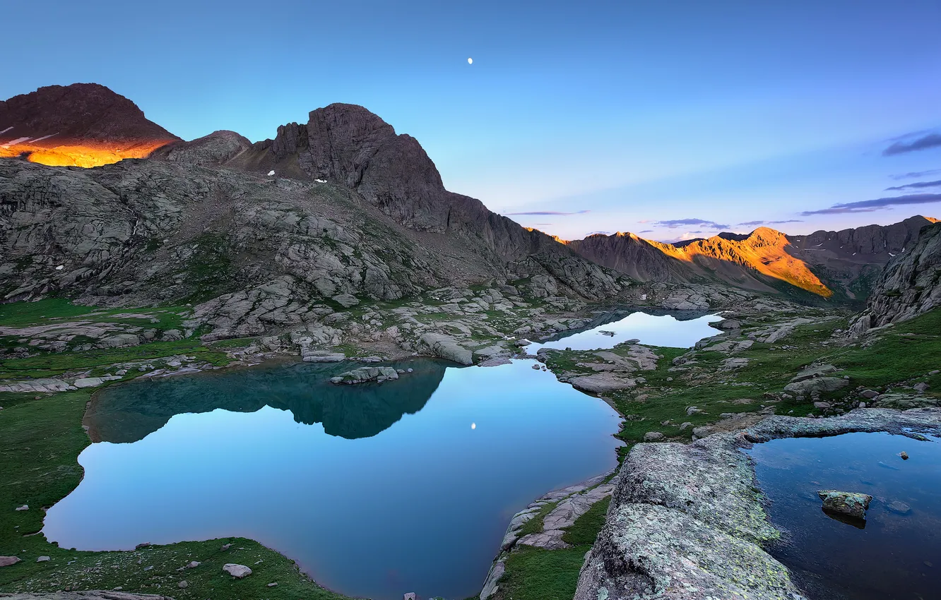 Photo wallpaper water, sunset, mountains, reflection, twilight