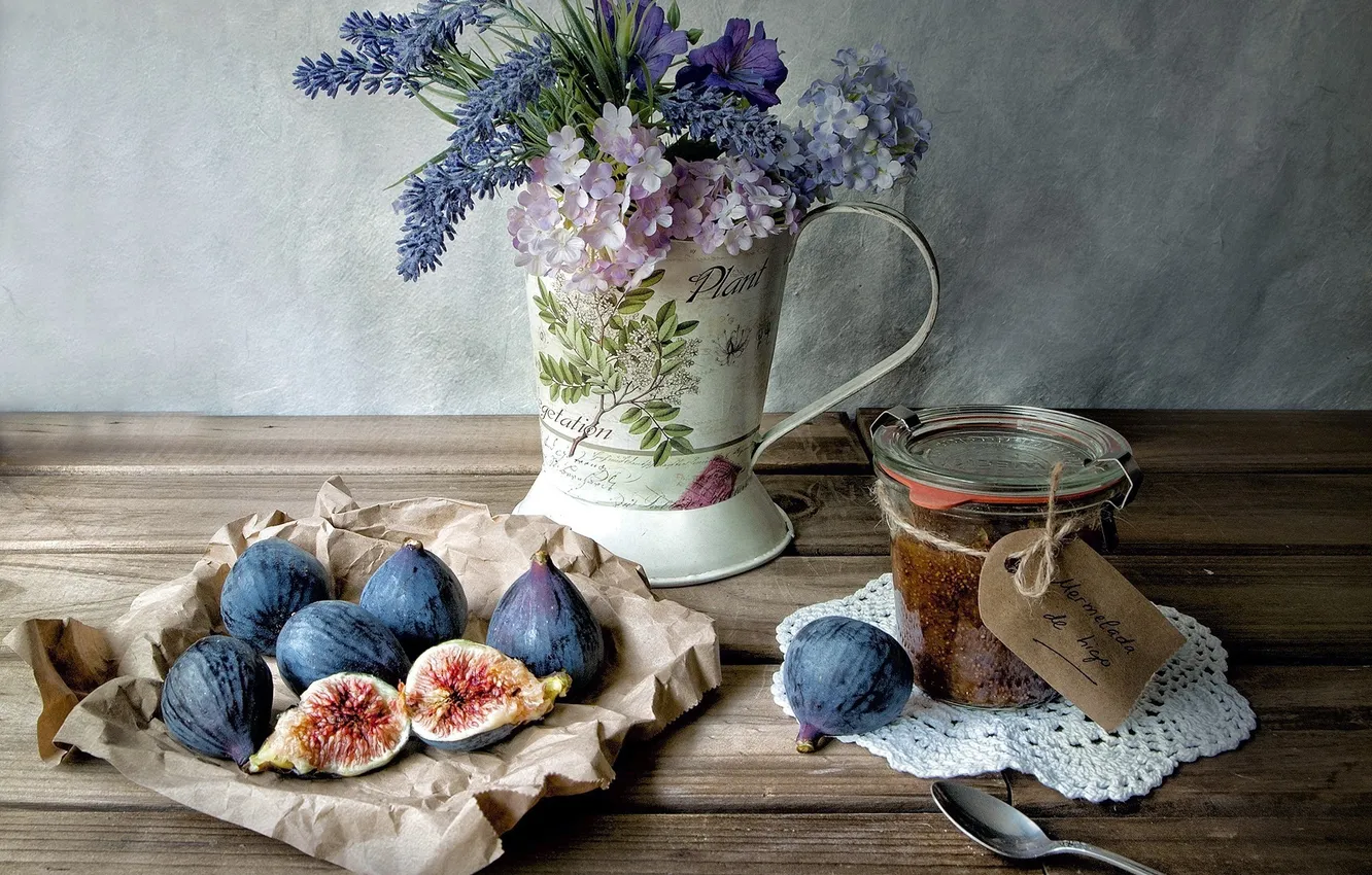 Photo wallpaper food, spoon, still life, jam, napkin, jam, figs, flowers. Bank