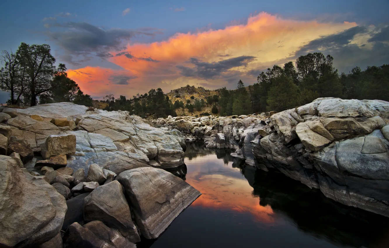 Photo wallpaper sunset, nature, river, stones, USA, Kern River Valley
