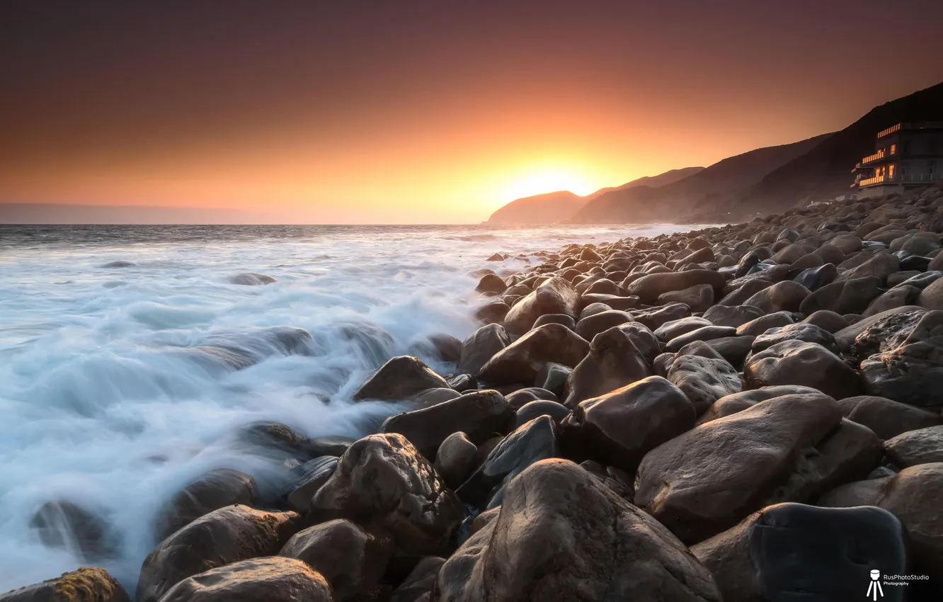 Photo wallpaper sea, sunset, nature, stones, coast