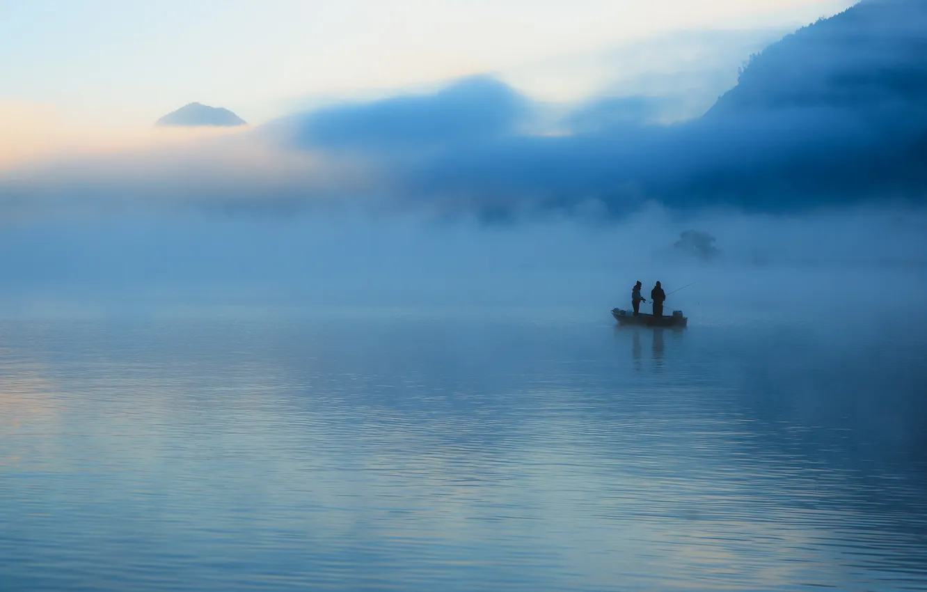 Photo wallpaper fog, lake, boat, fishing, fishermen