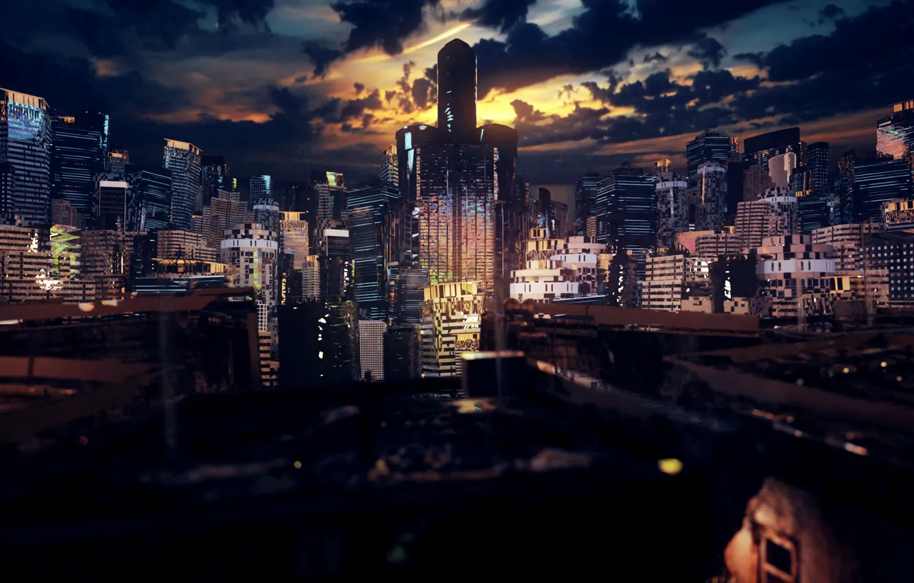 Photo wallpaper the sun, clouds, the city, by K&P