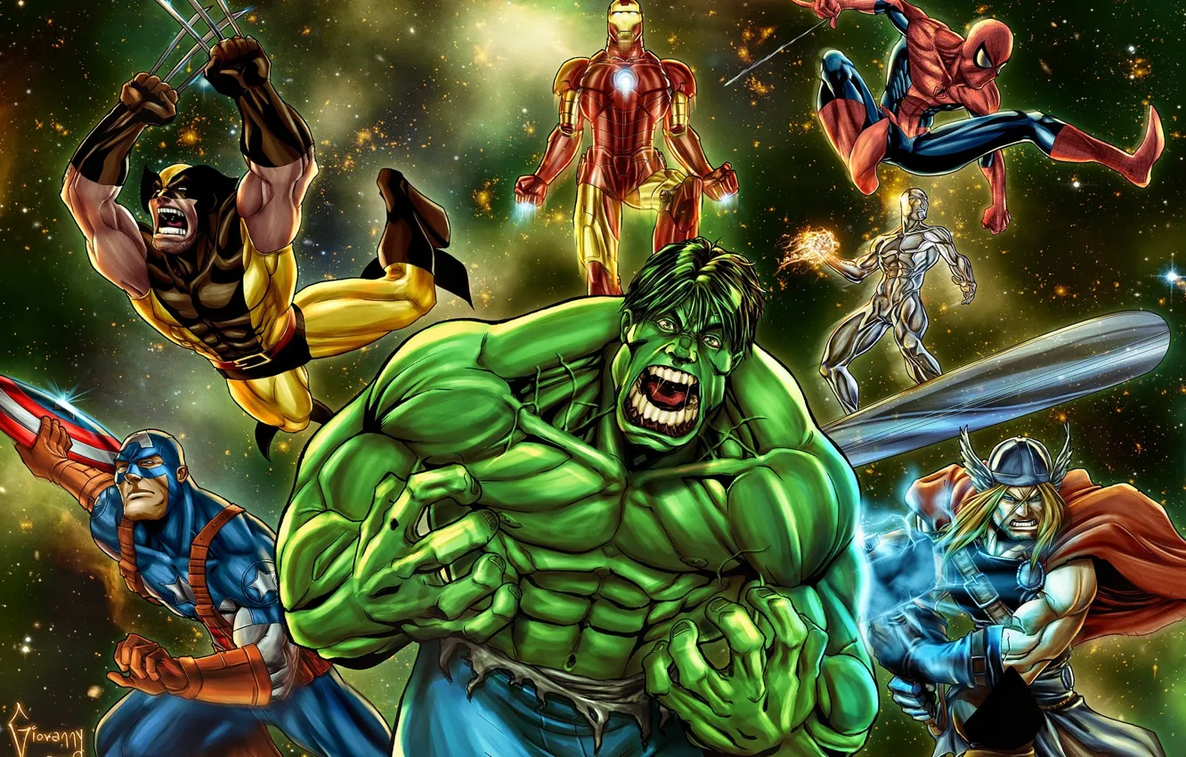 Photo wallpaper Hulk, Wolverine, Iron Man, Captain America, Thor, silver surfer, Spider Man