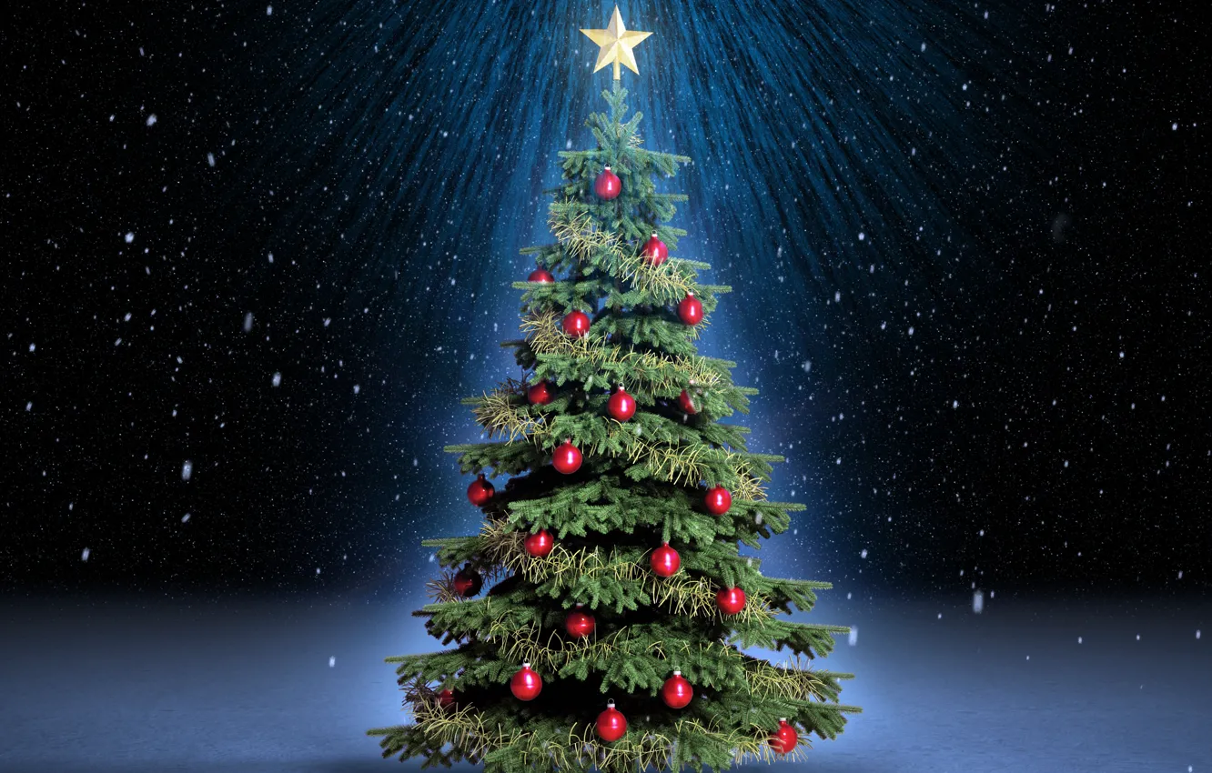 Photo wallpaper rays, snow, night, holiday, balls, magic, star, tree