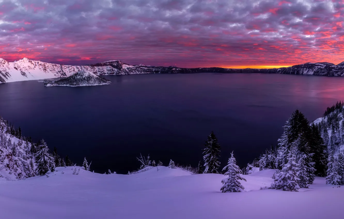 Photo wallpaper winter, landscape, sunset, panorama, USA, Crater Lake, Oregon, Southern Oregon