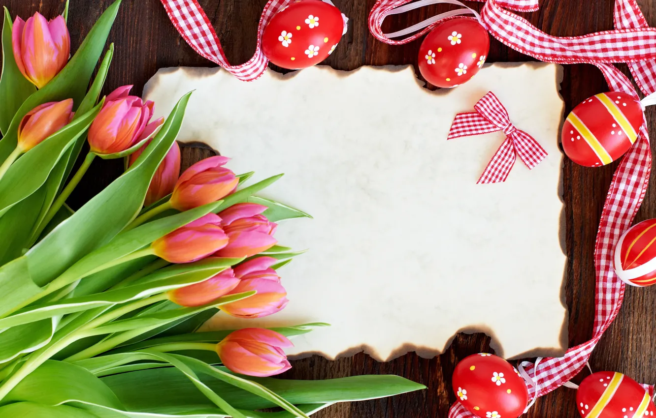 Photo wallpaper Easter, tulips, red, flowers, tulips, Easter, eggs, card