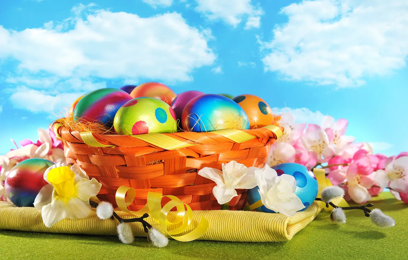 Photo wallpaper flowers, eggs, spring, colorful, Easter, wood, flowers, spring