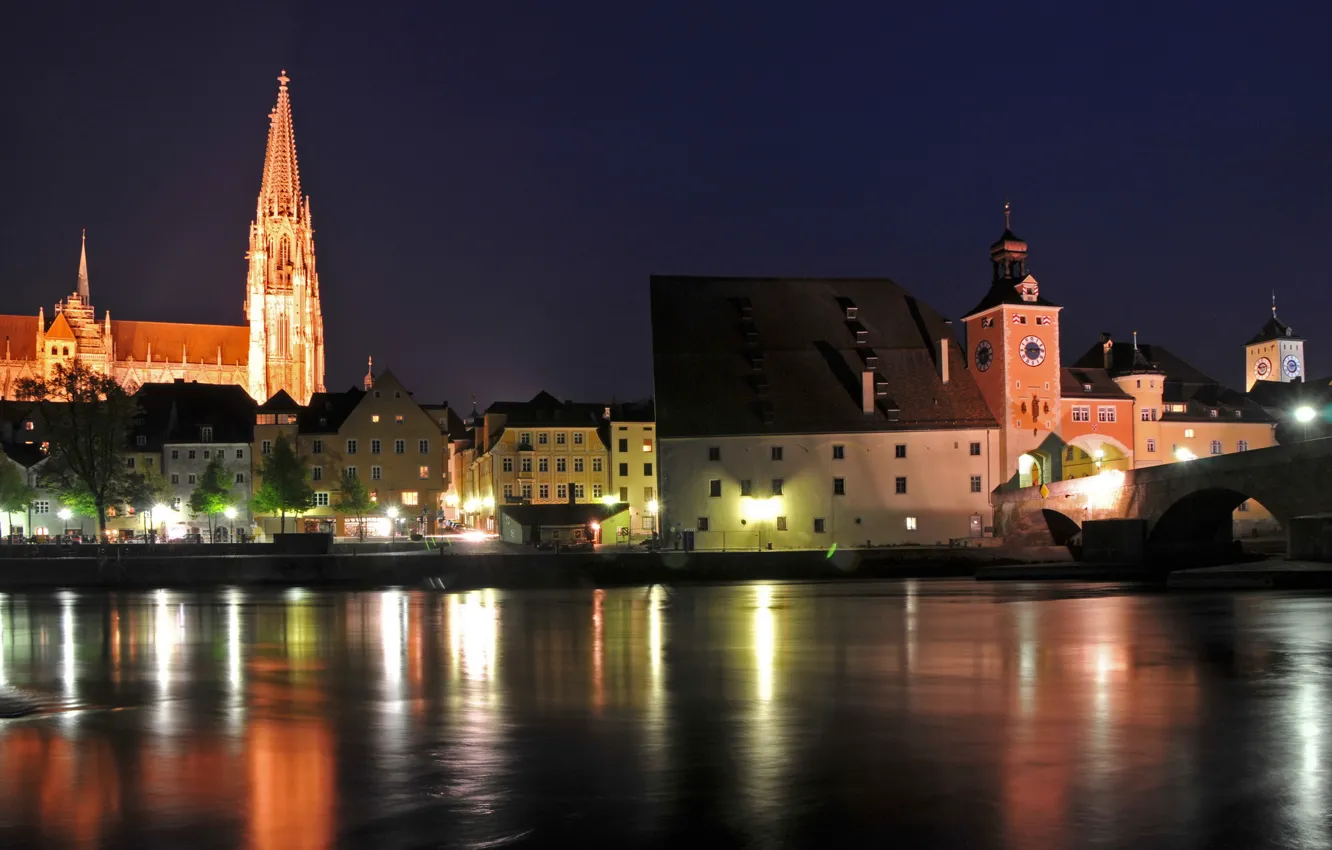 Photo wallpaper night, the city, house, river, Germany, Bayern, Regensburg