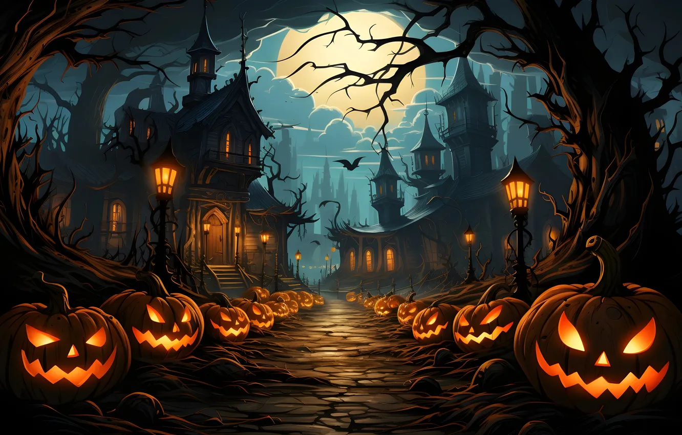 Photo wallpaper road, trees, night, clouds, lights, the moon, home, lights