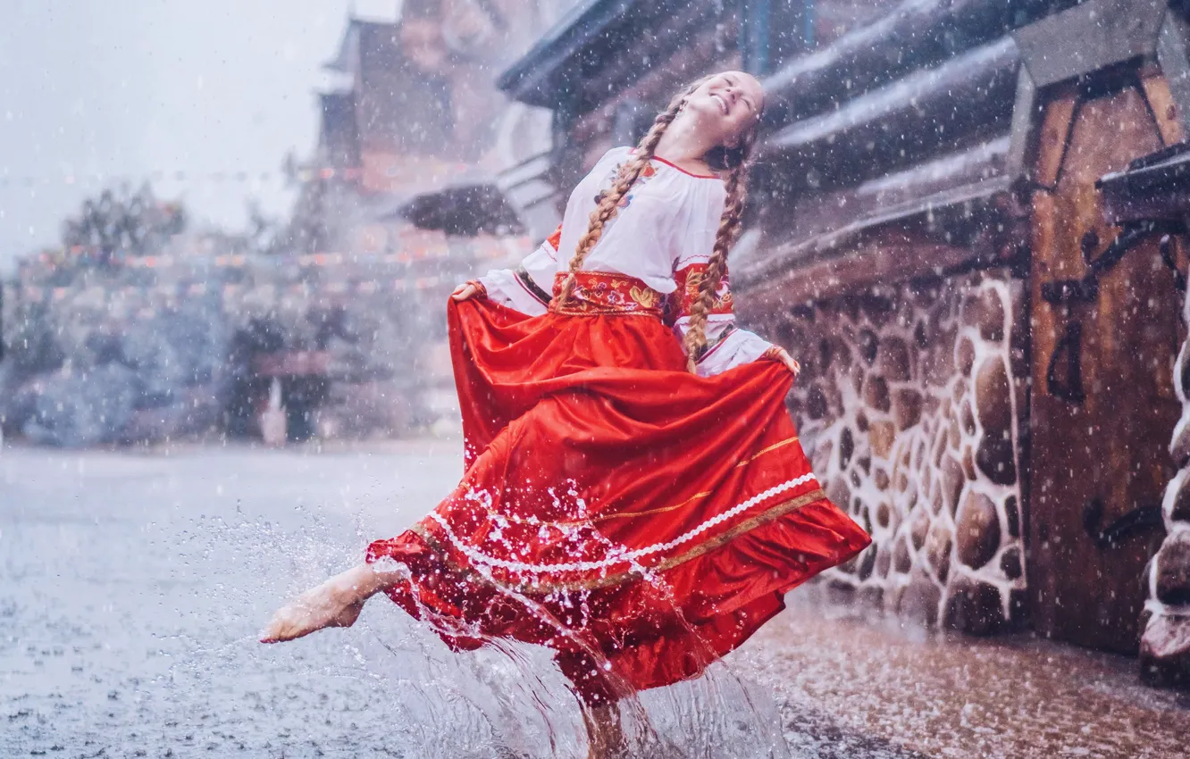 Photo wallpaper girl, smile, rain, mood, skirt, dance, puddle, girl