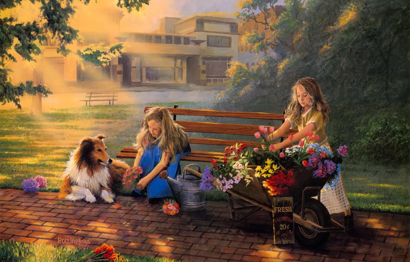 Photo wallpaper girls, dog, flowers, painting, bouquet, Little Bouquets, David Rotting House, selling flowers