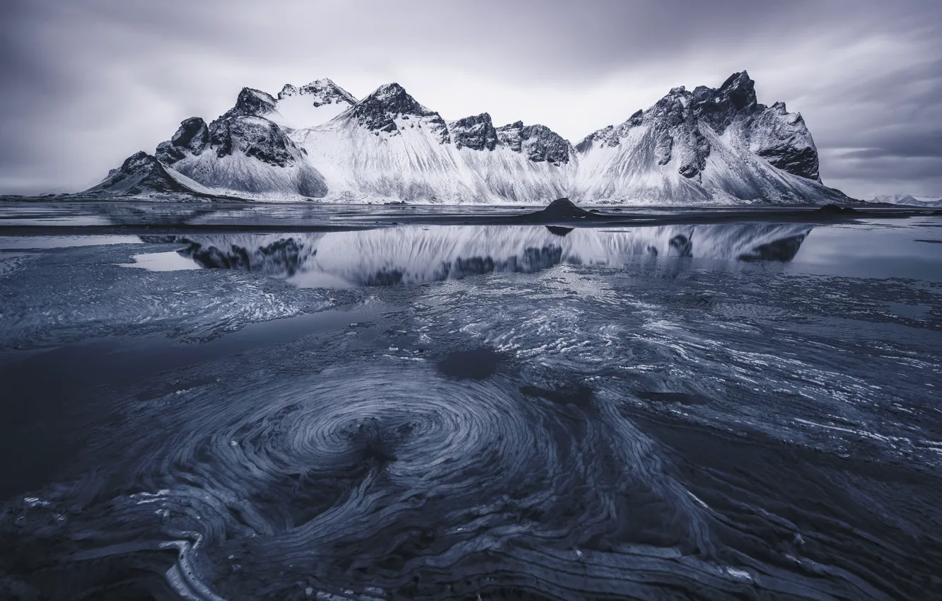 Photo wallpaper beach, the sky, water, mountains, dirt, Iceland, tide, the fjord