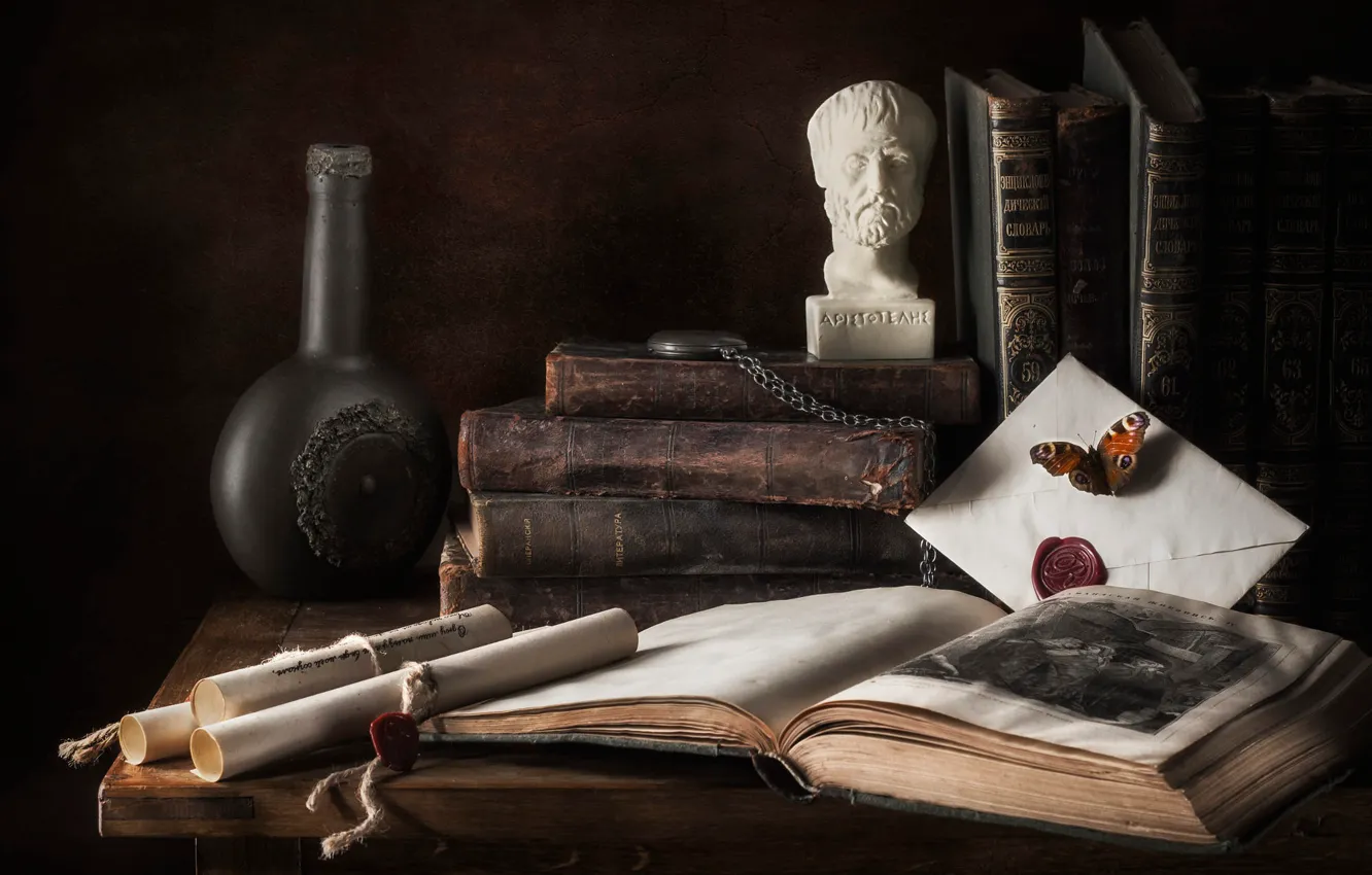 Photo wallpaper bottle, head, book, sculpture, still life, Tom, items, bust