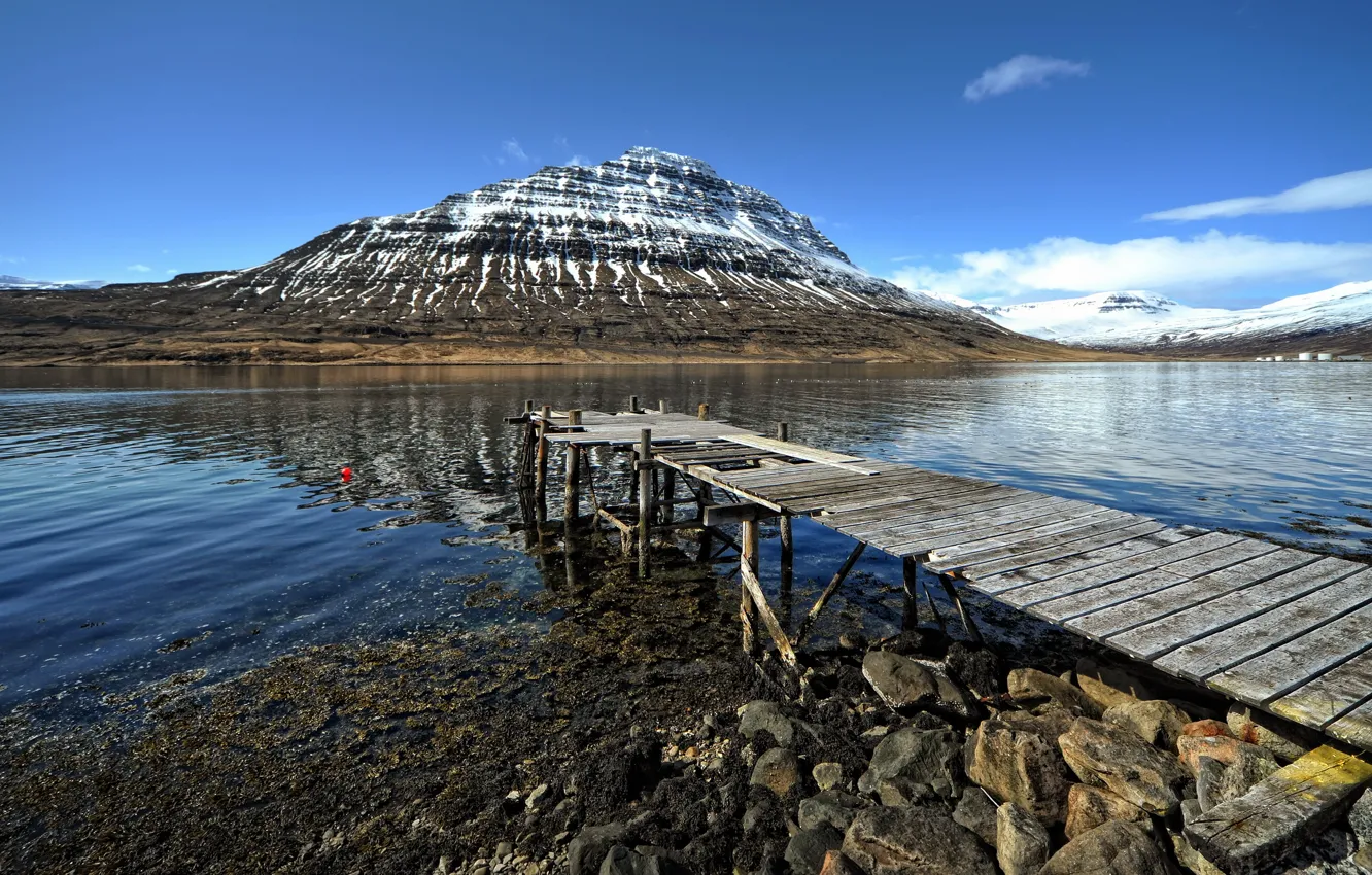 Photo wallpaper landscape, mountains, bridge, lake