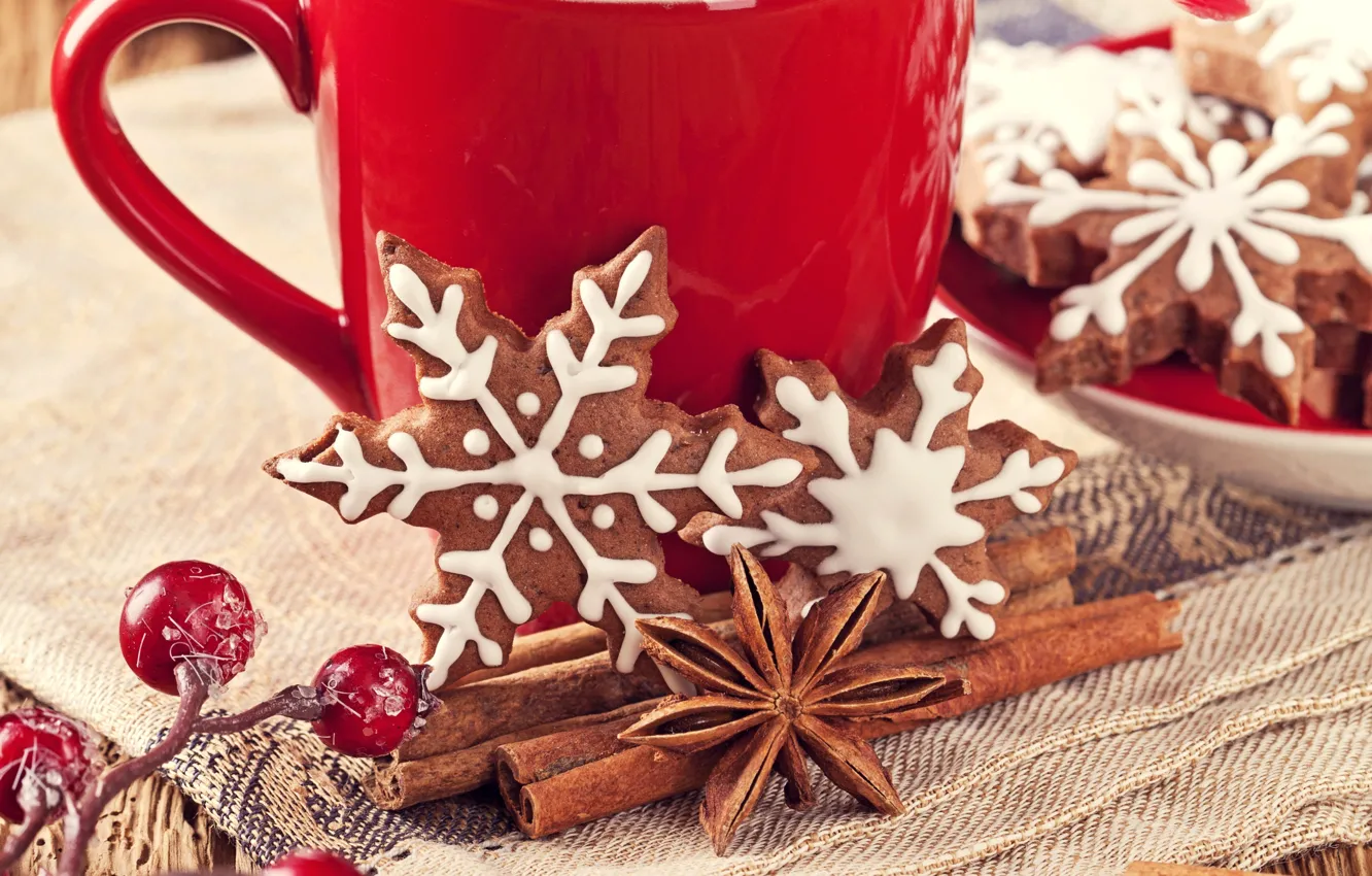 Photo wallpaper snowflakes, berries, New Year, cookies, Christmas, Cup, sweets, red
