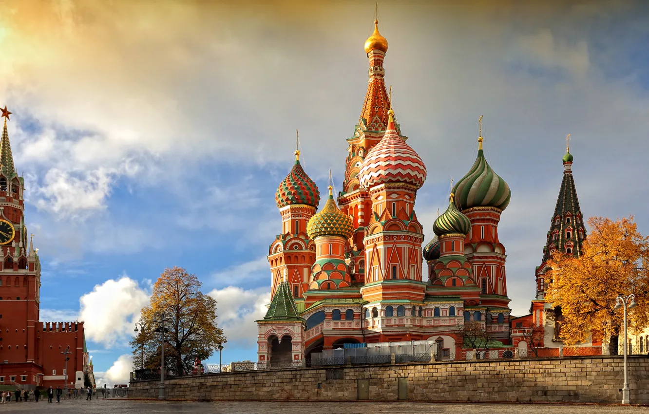 Photo wallpaper autumn, tower, Moscow, Cathedral, temple, St. Basil's Cathedral, Russia, Spasskaya tower