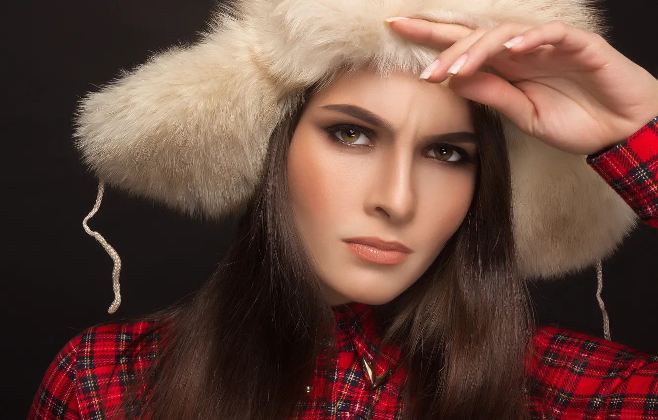 Photo wallpaper look, pose, background, hat, portrait, makeup, hairstyle, fur