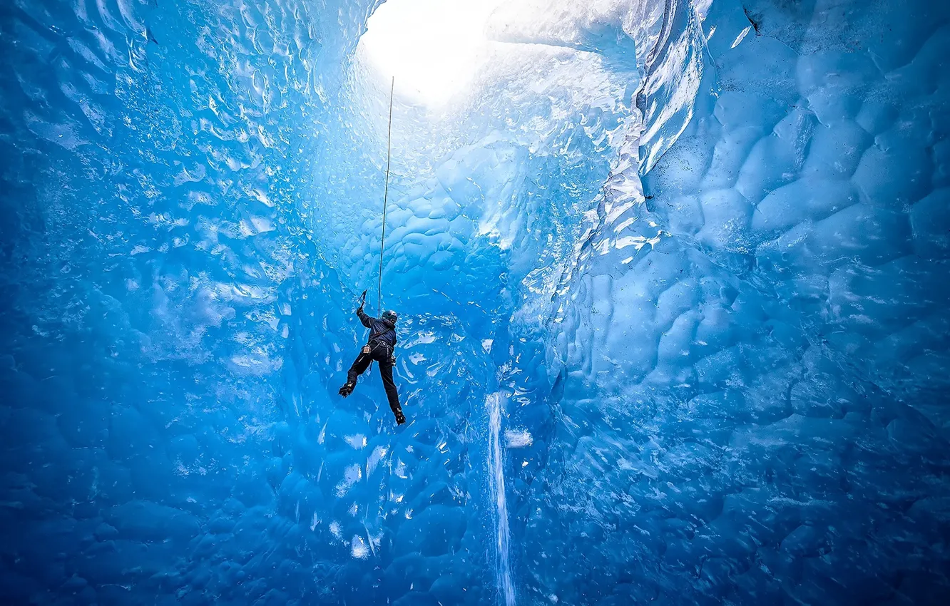 Photo wallpaper light, sport, people, ice, glacier, climber, climbing
