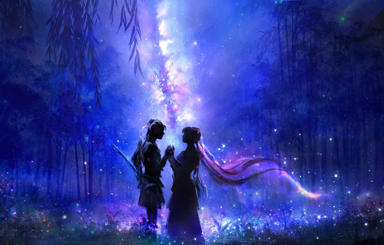 Photo wallpaper forest, night, lovers, the milky way