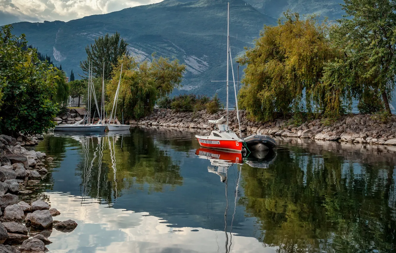 Photo wallpaper landscape, mountains, nature, lake, stones, boat, Alexander the Silent