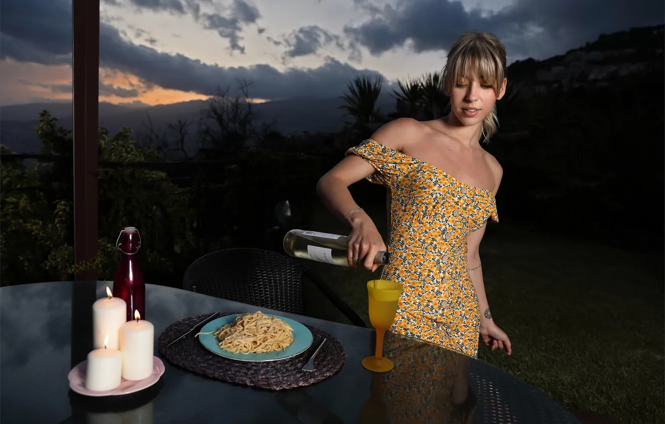 Photo wallpaper sunset, wine, model, candles, gorgeous, posing, beautiful face, Outside