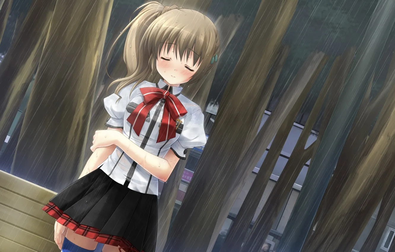 Photo wallpaper girl, trees, bench, rain, anime, sad