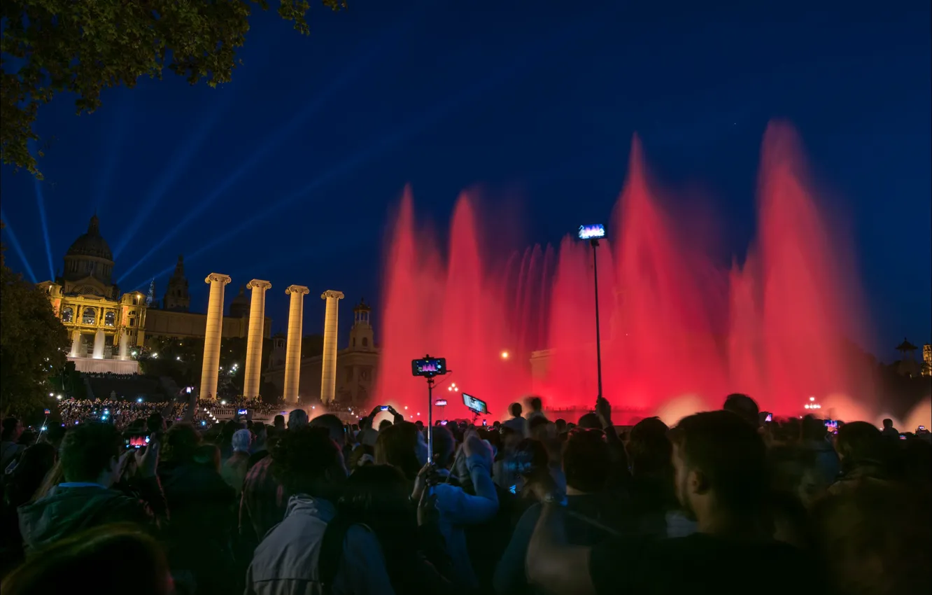 Photo wallpaper night, lights, fountain, Spain, Barcelona
