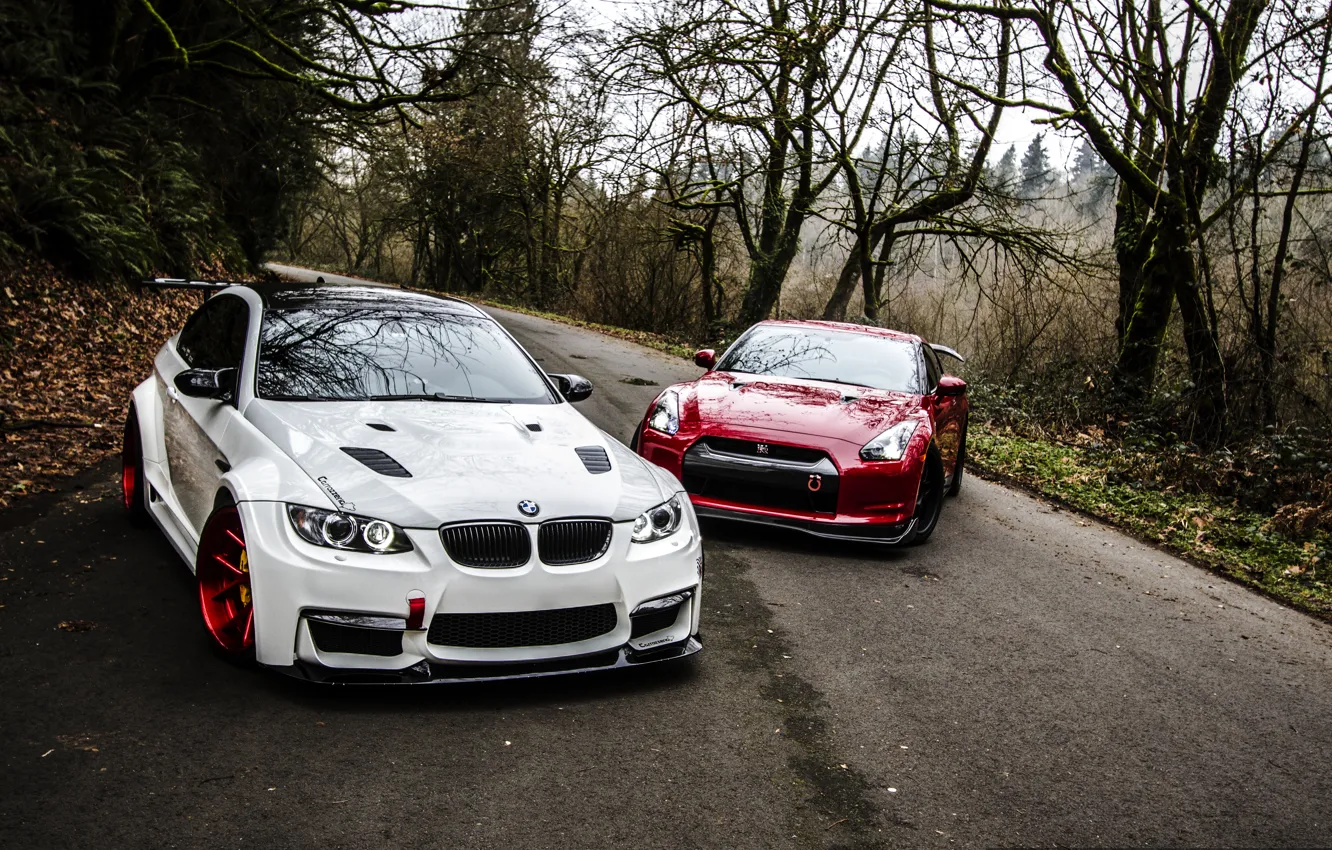 Photo wallpaper Red, Road, Autumn, White, BMW, Tuning, BMW, Nissan