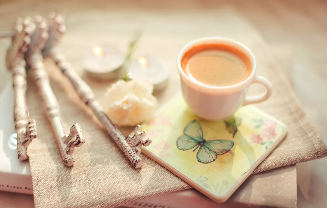 Photo wallpaper flower, coffee, candles, Cup, book, keys, cappuccino, stand