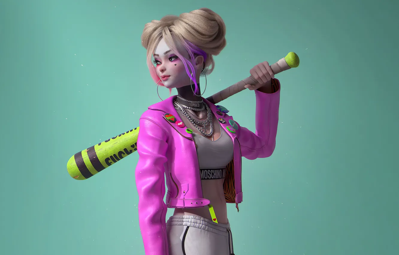 Photo wallpaper look, icon, blonde, chain, big Breasts, hooligan, baseball bat, look