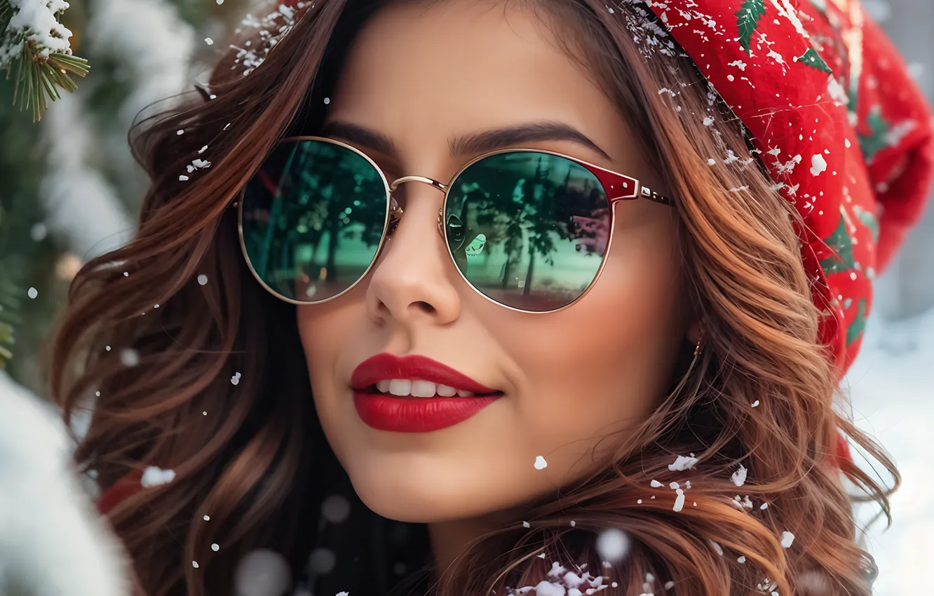 Photo wallpaper winter, girl, snow, branches, nature, face, smile, hat